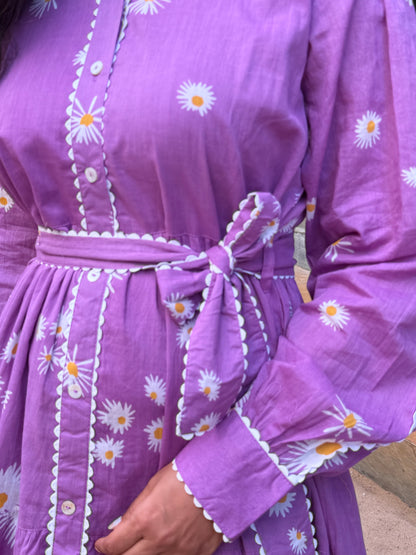 A0643 Lavender tie up style mul cotton frock