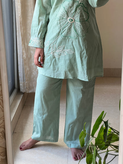 A0448 Pista Green Mulmul coord set with hand embroidery detailing