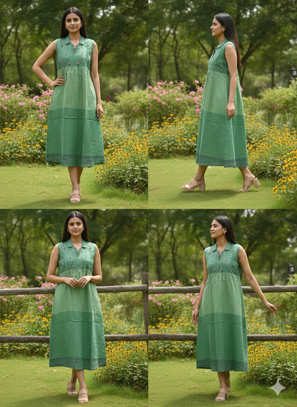 Mul cotton check frock in beautiful green shade