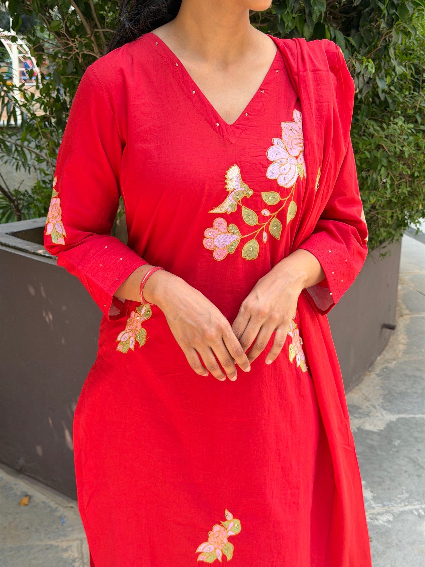 A0717 Pure cotton 3pc set with applique work and embroidery detailing