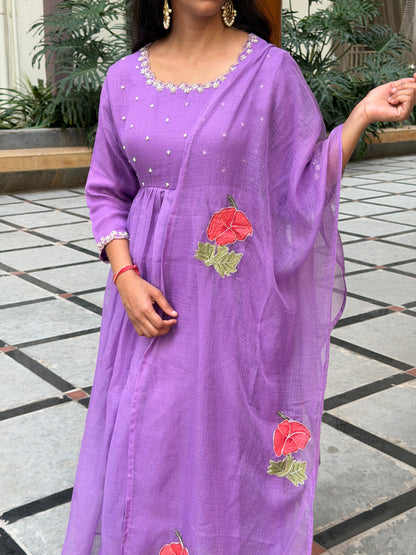 A0674 lavender Kota 3 piece dress with hibiscus butties embroidery all over the duppatta & pearl embroidery on yoke part