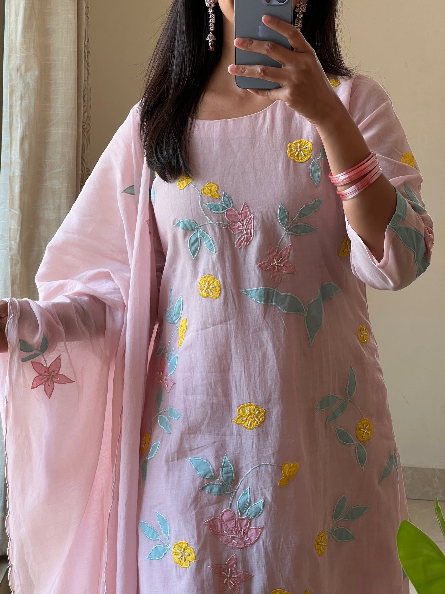 A0565 nude pink mul chanderi 3 piece dress with multi colour applique work detailing all over the dress & duppatta