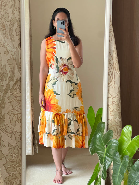 A0511 sunflower cotton silk one piece dress with digital floral printed pattern, sleeves are provided inside