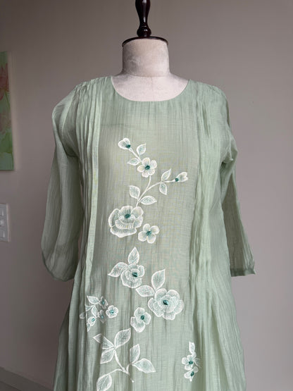 A0851 pista green mul chanderi hand painted one piece dress
