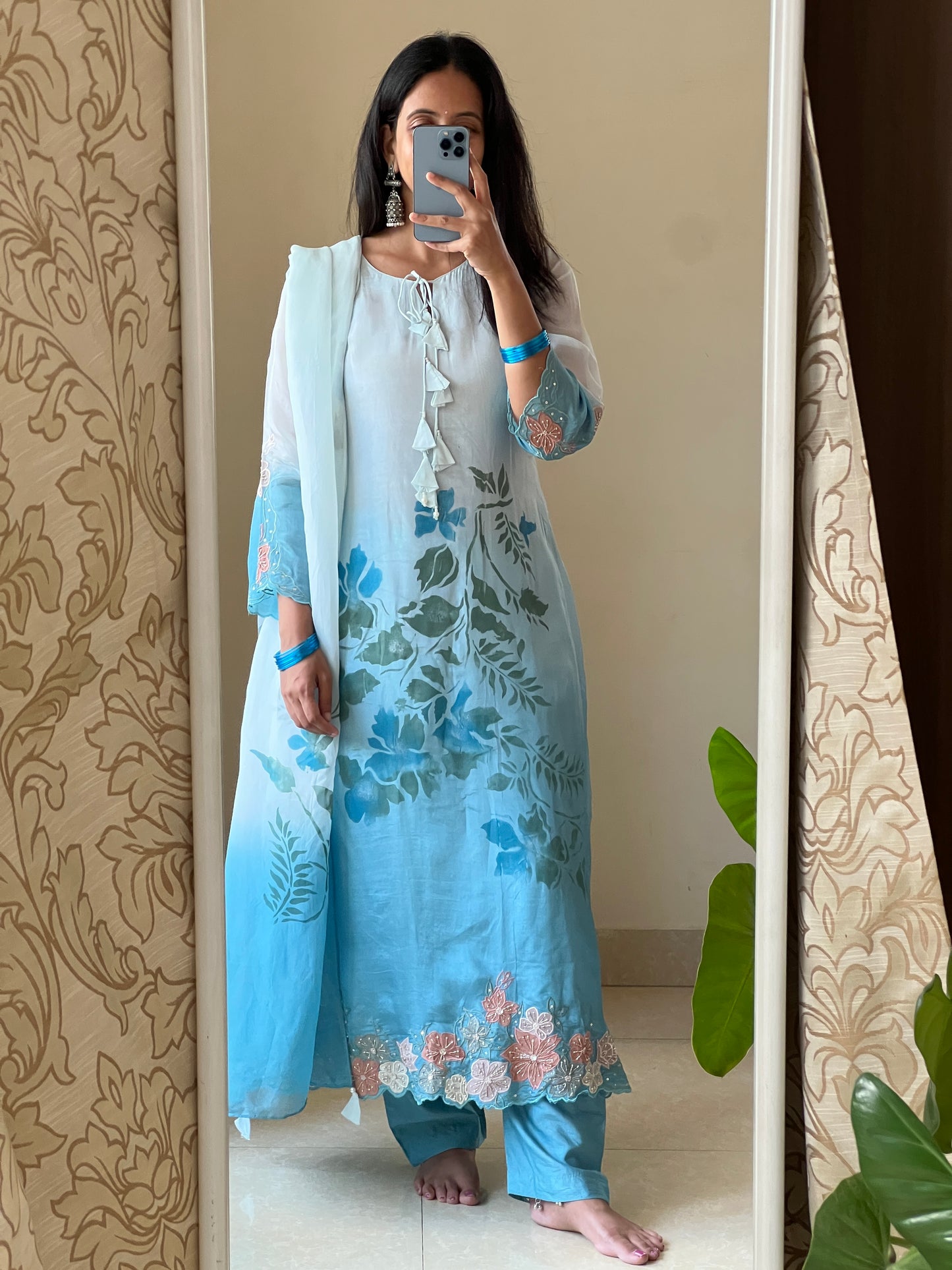 A0562 blue shaded silk 3 piece dress with applique work, hand painted & hand embroidery