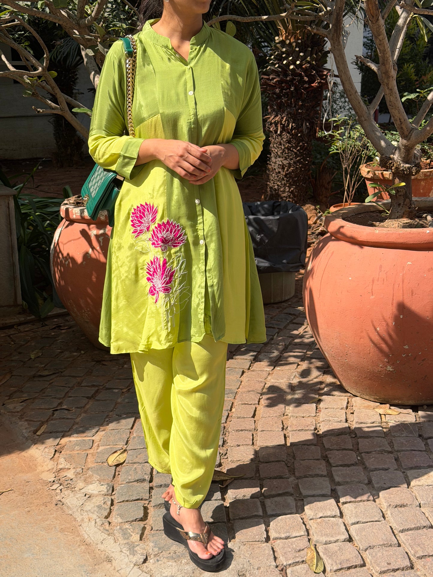 A0602 Green mul chanderi coord with applique work detailing