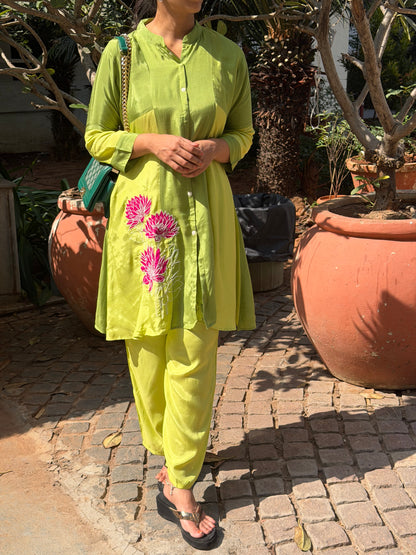 A0602 Green mul chanderi coord with applique work detailing