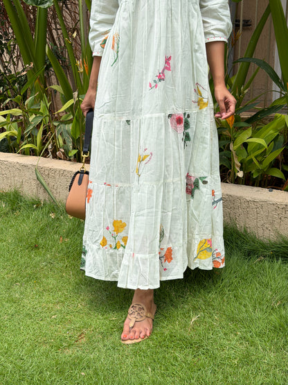 A0741 Pistachio Mul cotton 3 tiered dress with multi colour floral design