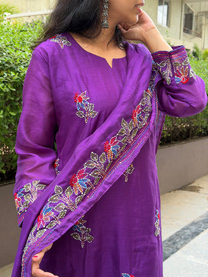 A0620 purple mul chanderi 3 piece suit with Kantha work detailing all over the dress & duppatta