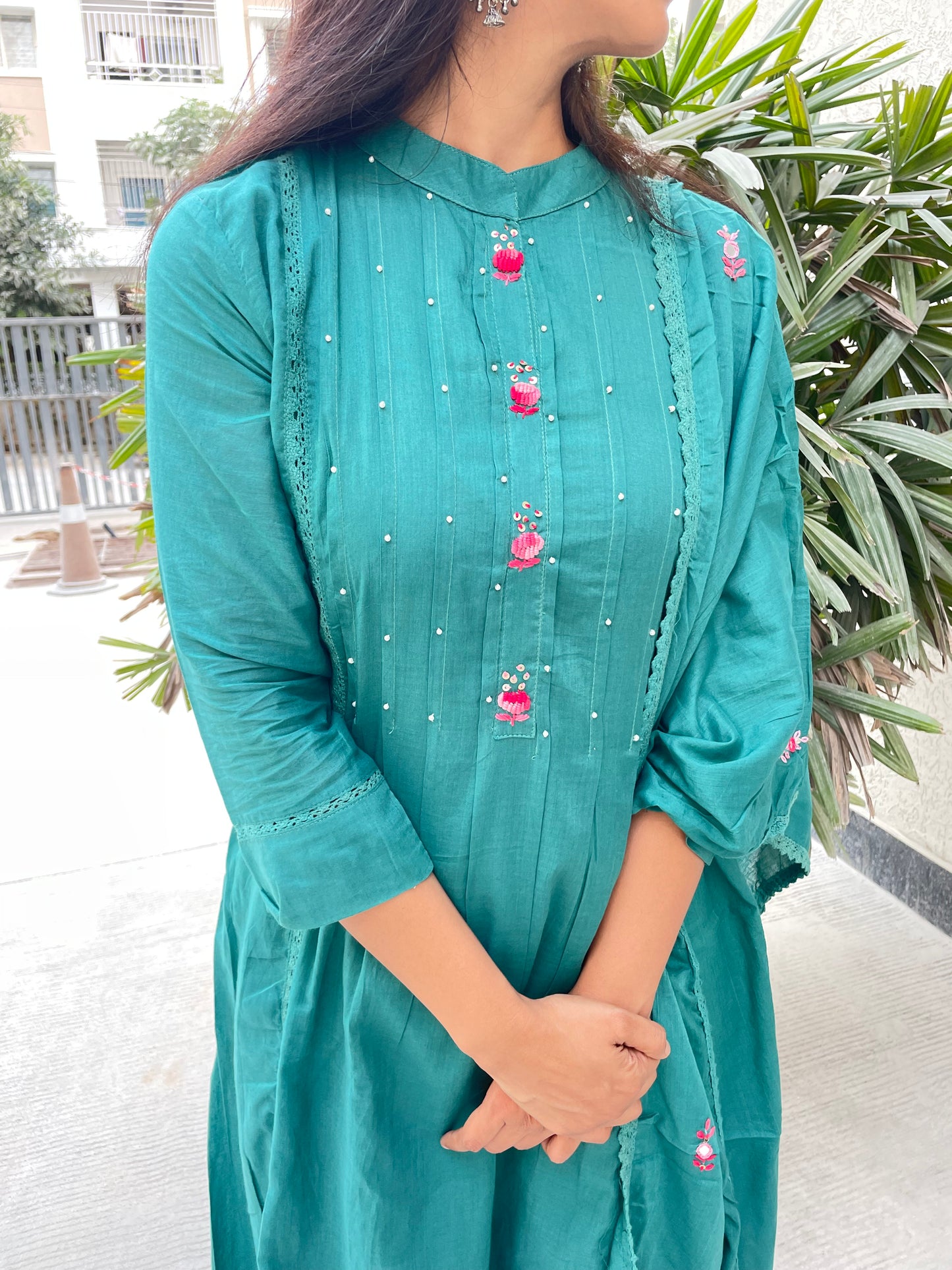 A0328 peacock green Mulmul 3 piece dress with pleats & hand embroidery detailing
