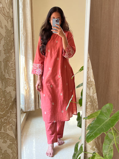A0311 rust cotton 2 piece dress with machine embroidery detailing