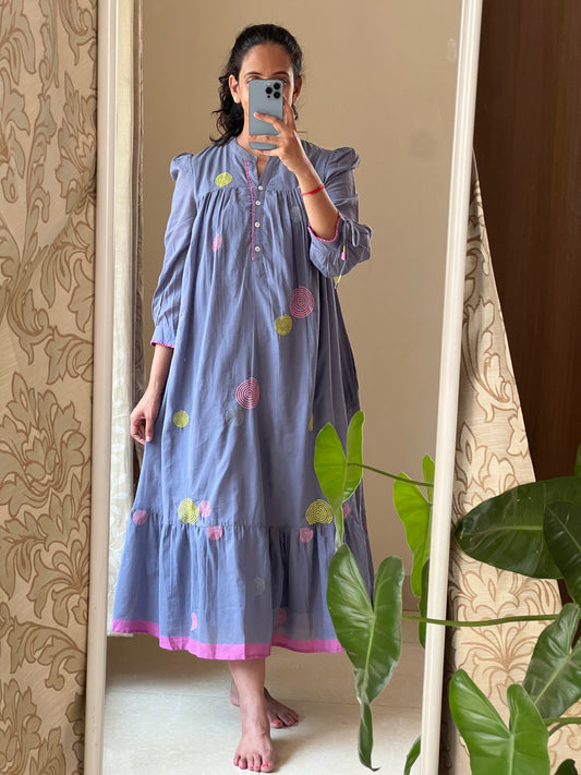 A0661 blue Jamdani cotton one piece dress with machine embroidery detailing all over the dress