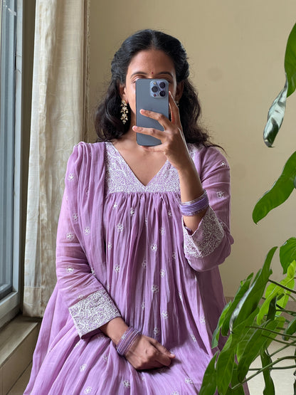 A0518 lavender mul chanderi 3 piece dress with embroidery detailing all over the dress