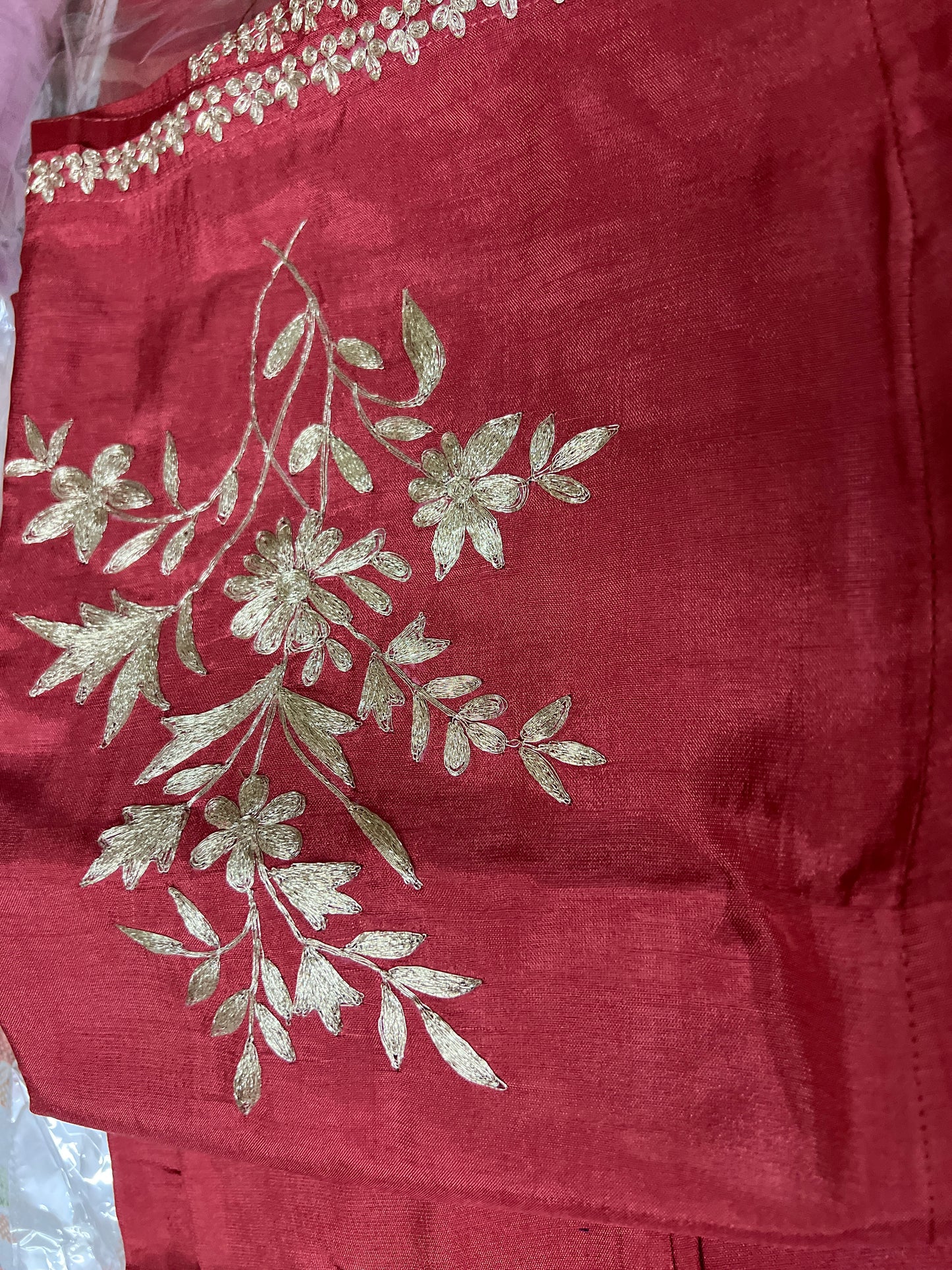 A0222 rust dola silk co ord set with pitta work embroidery