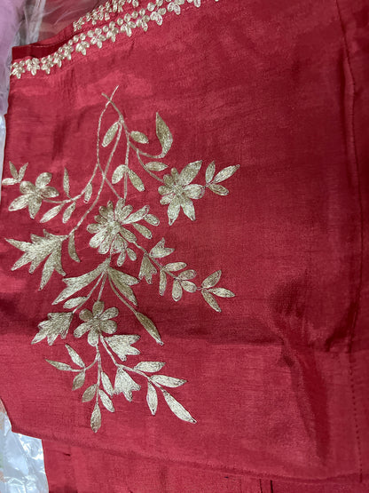 A0222 rust dola silk co ord set with pitta work embroidery