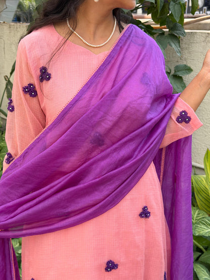 A0664 peach & purple Kota 3 piece dress with floral hand embroidery butties all over the dress