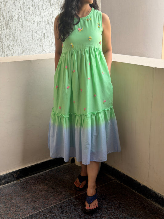A0761 sea green & blue Mul cotton shaded one piece dress with hand embroidery detailing all over the dress