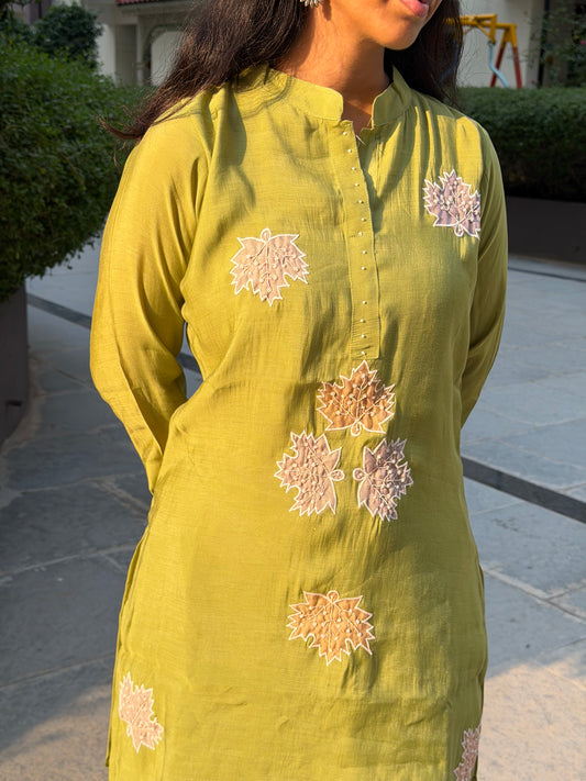 A0692 green mul chanderi coord set with applique work detailing all over the dress
