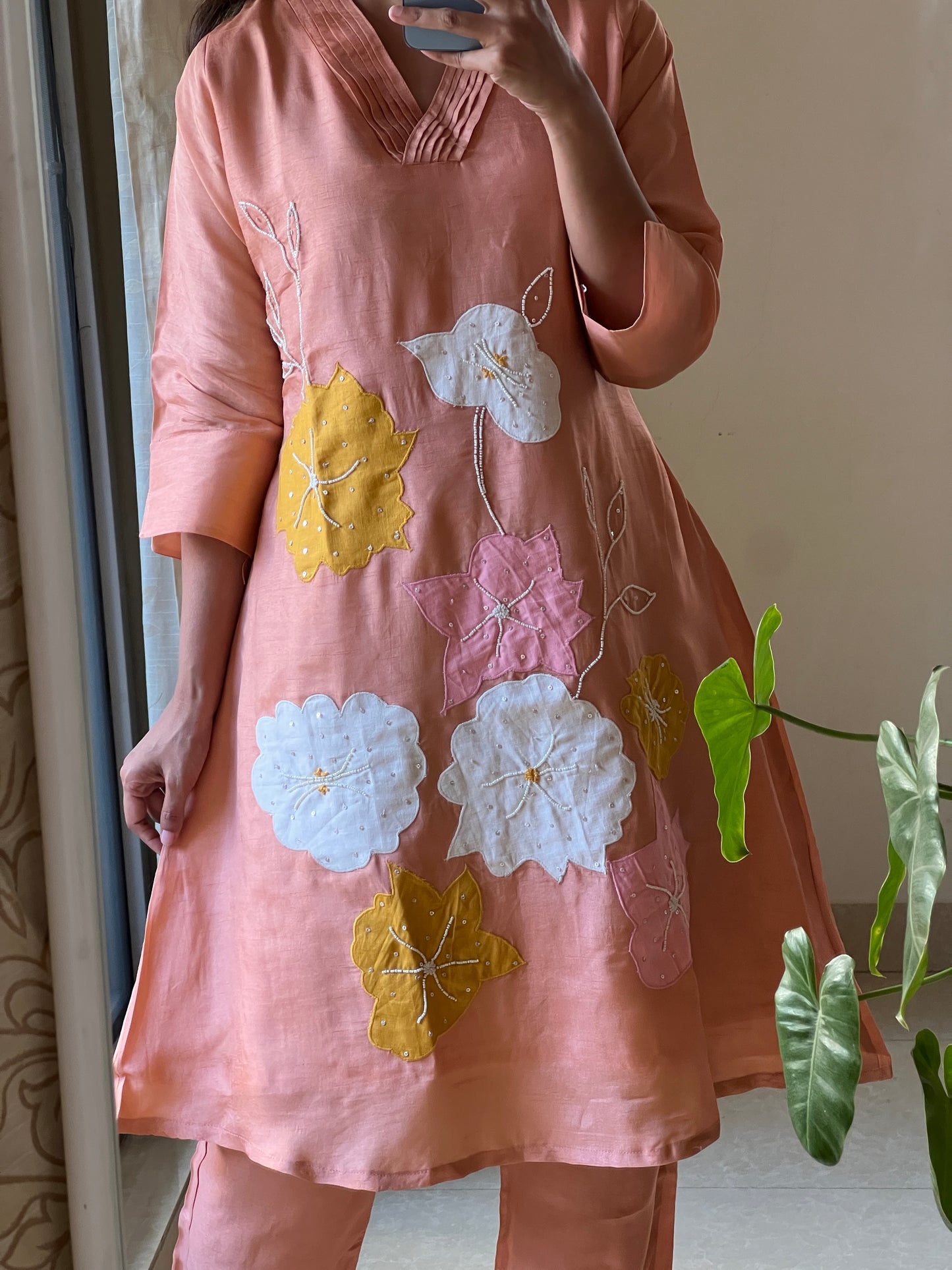 A0353 peach dola silk coord set with applique work detailing