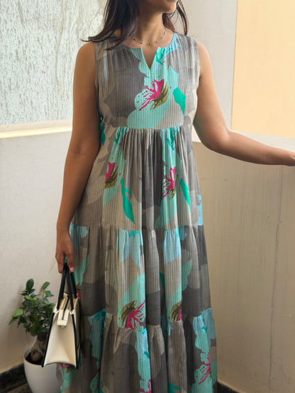 A0784 Grey and Blue abstract print dress in pure cotton silk fabric in 3-tier style