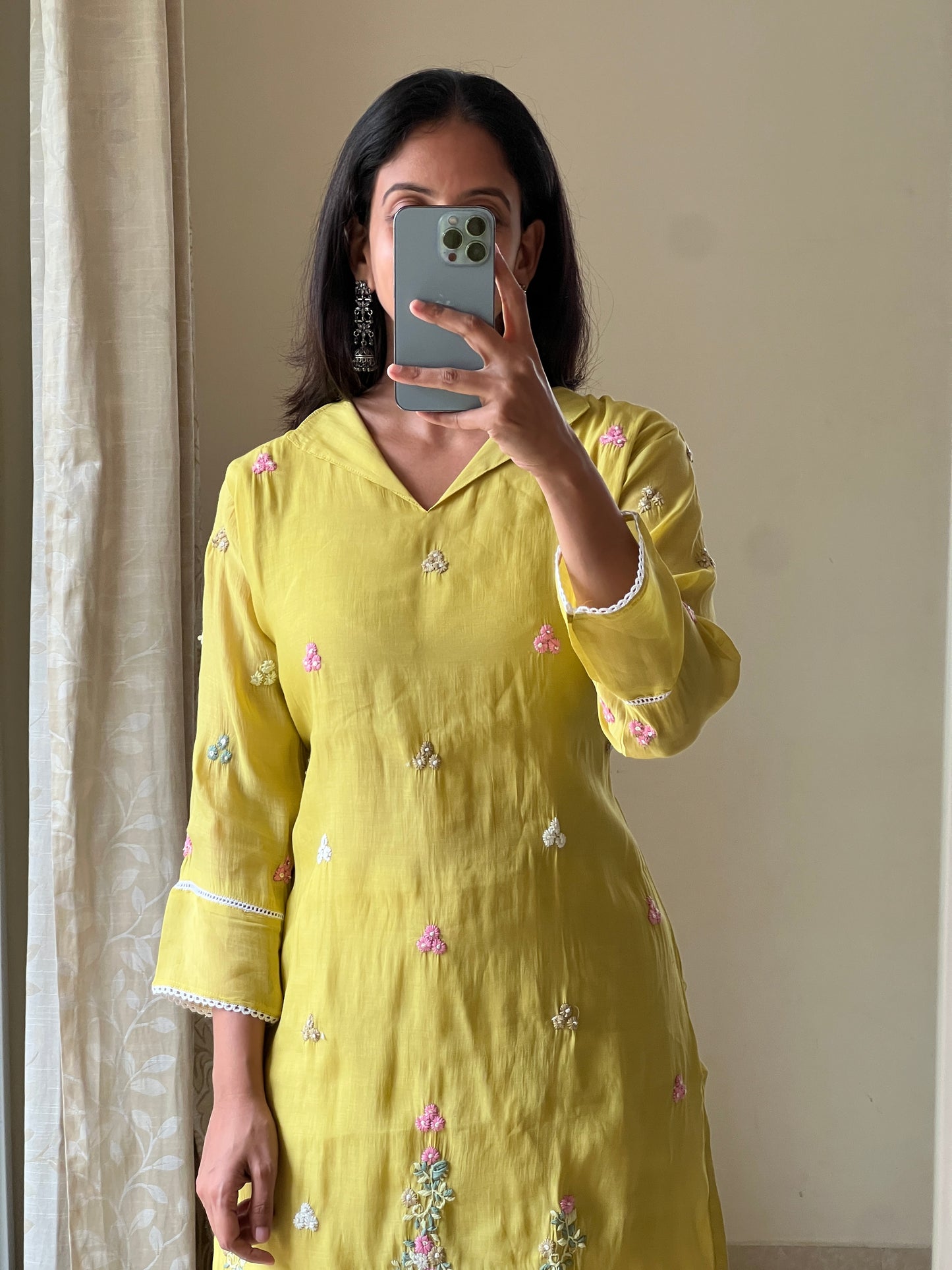 A0515 yellow mul chanderi 2 piece dress with hand paint & hand embroidery detailing