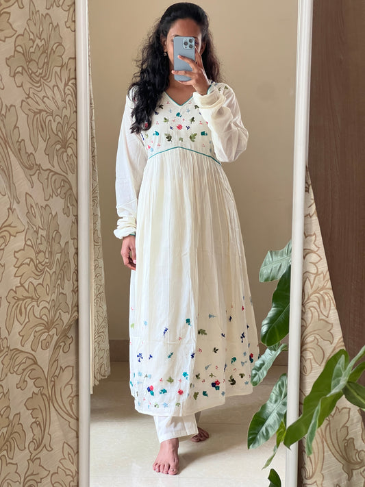 9161 half white Mulmul 2 piece dress with hand embroidery detailing