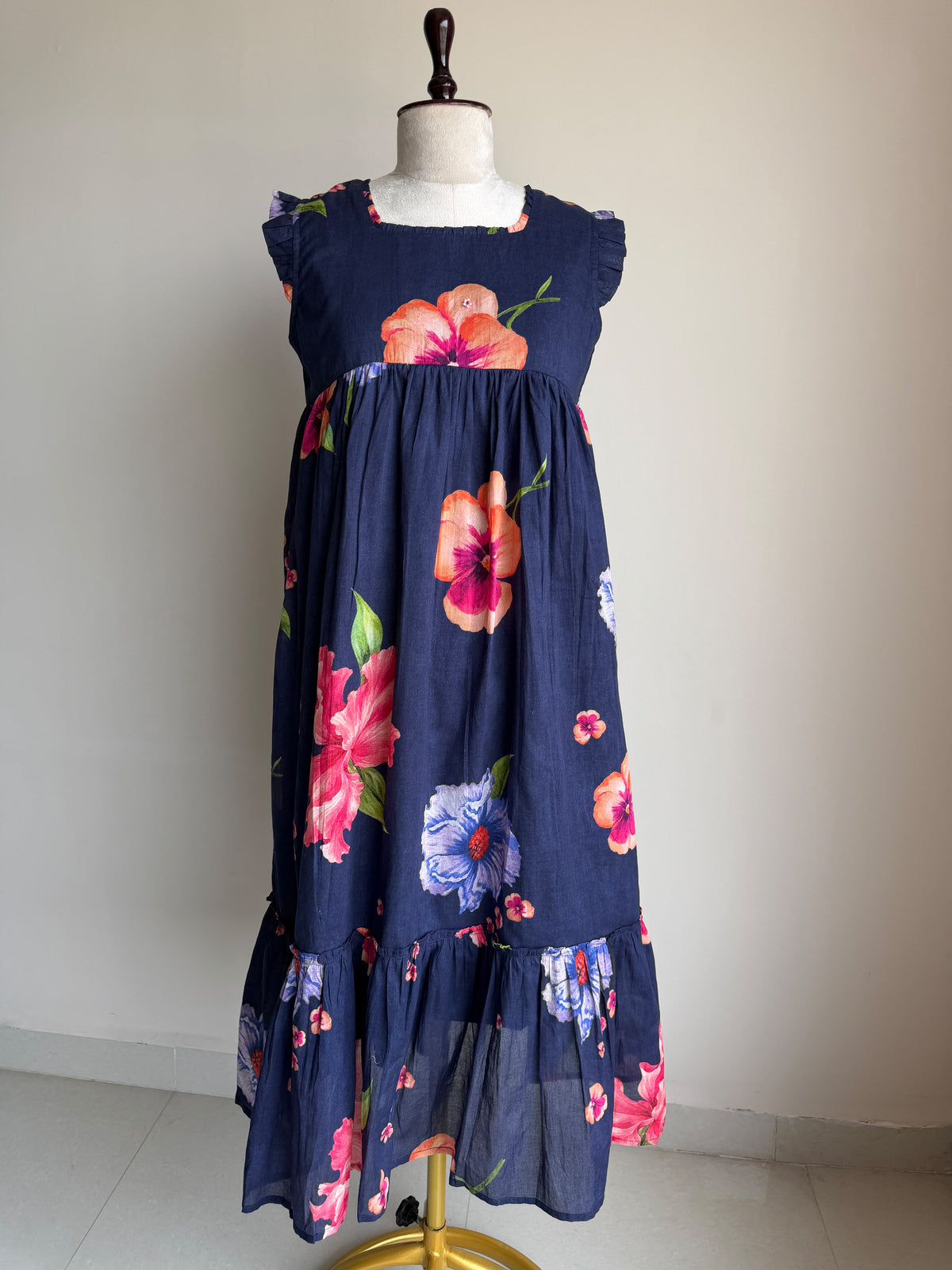A0864 blue mul cotton floral digital printed one piece dress