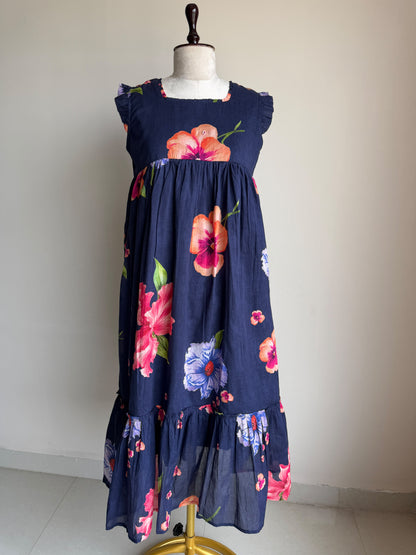 A0864 blue mul cotton floral digital printed one piece dress
