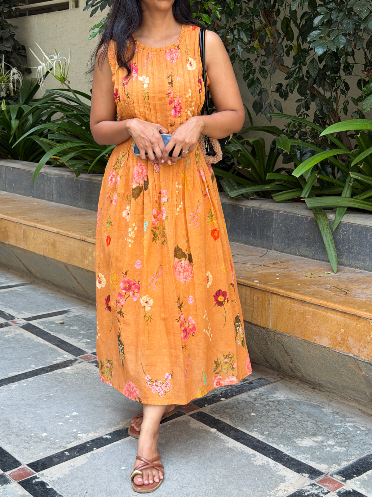 A0872 rust mul cotton one piece dress