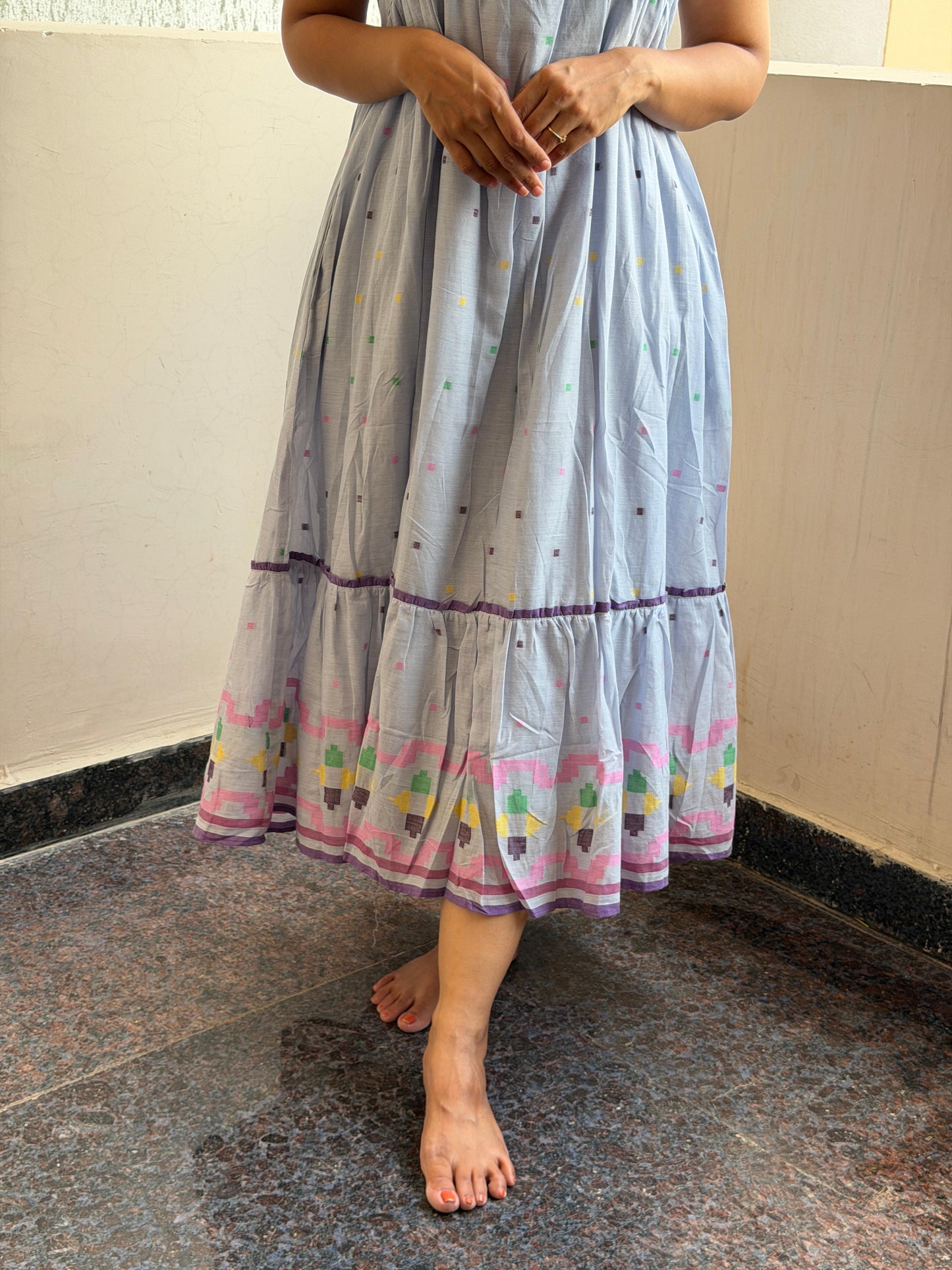 A0701 powder blue Jamdani dress with hand embroidery flowers