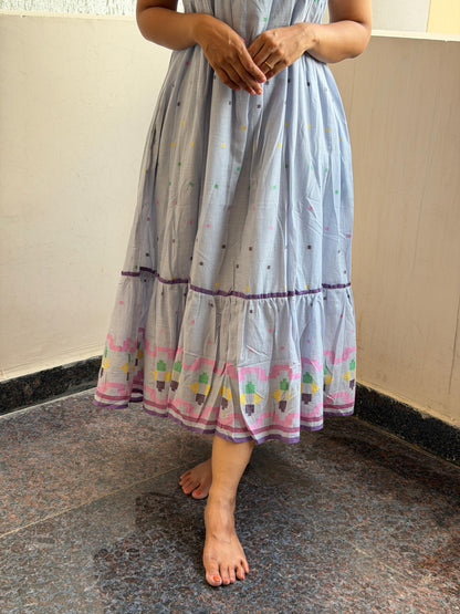 A0701 powder blue Jamdani dress with hand embroidery flowers