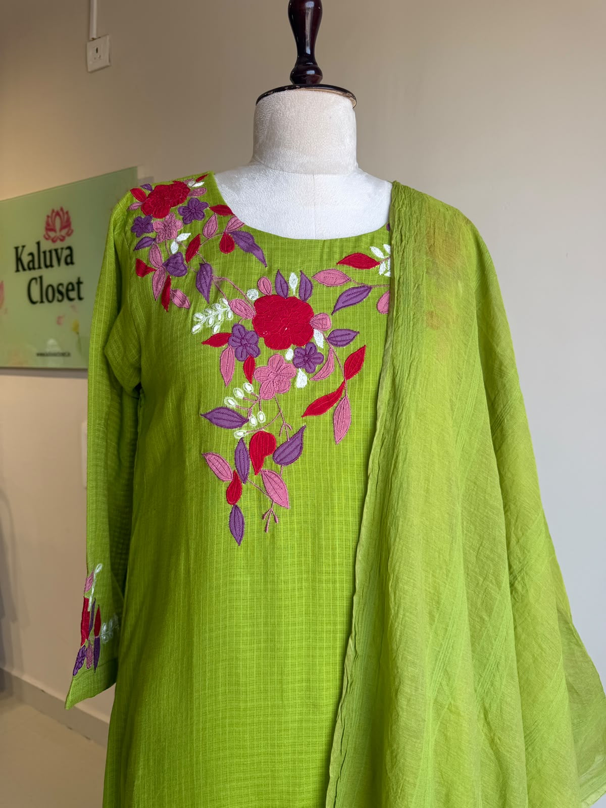 A0857 green Kota applique work 3 piece dress