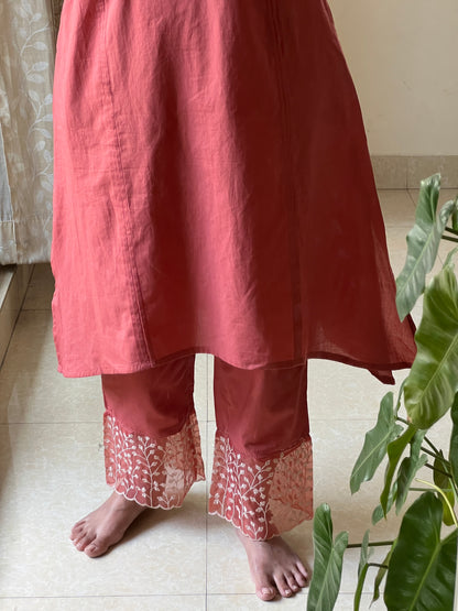 A0321 rust cotton 2 piece set with organza patch work detailing