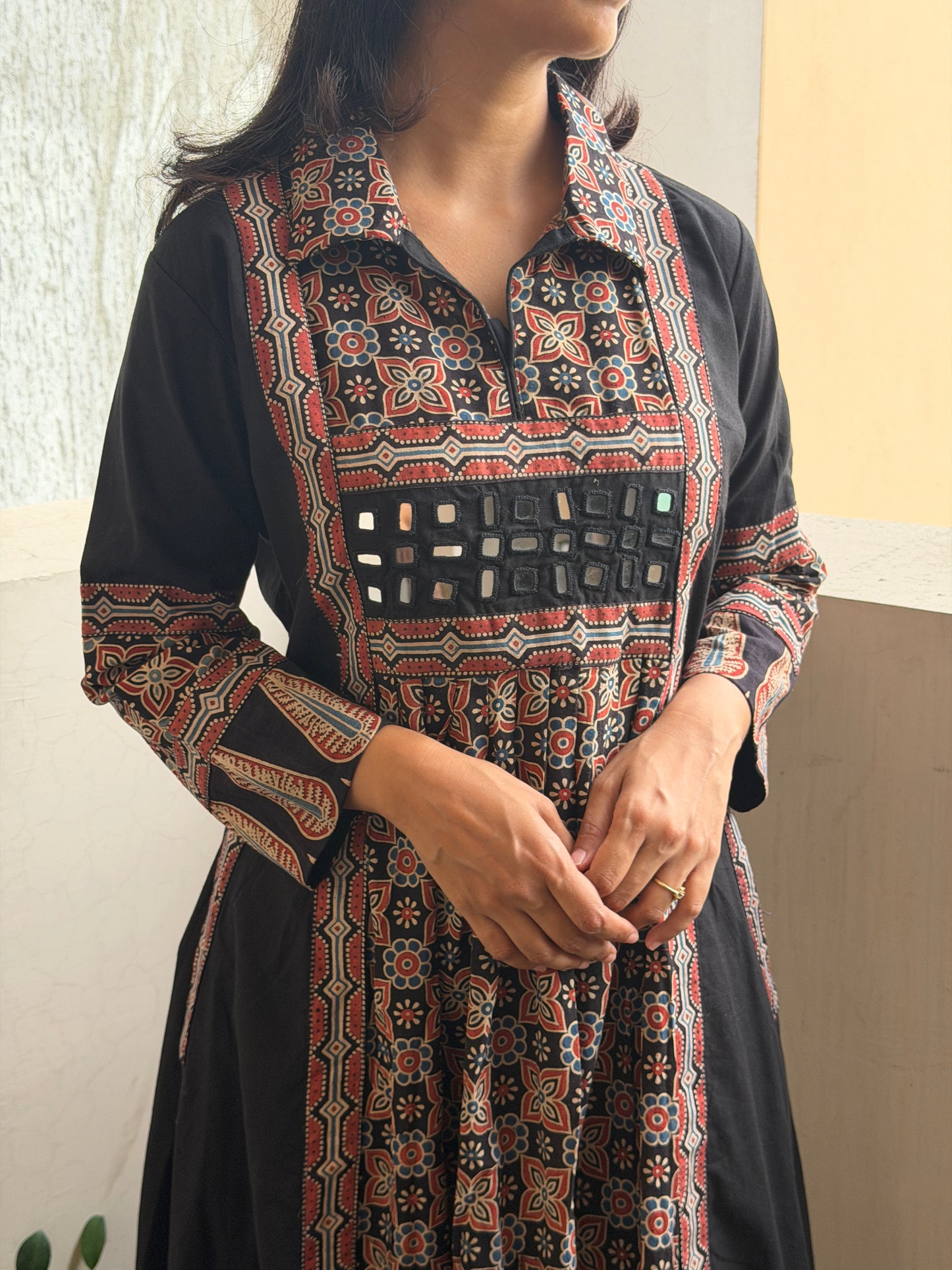 A0776 Black Ajrak A-line dress with cute pockets