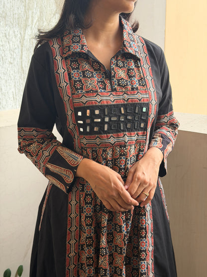 A0776 Black Ajrak A-line dress with cute pockets