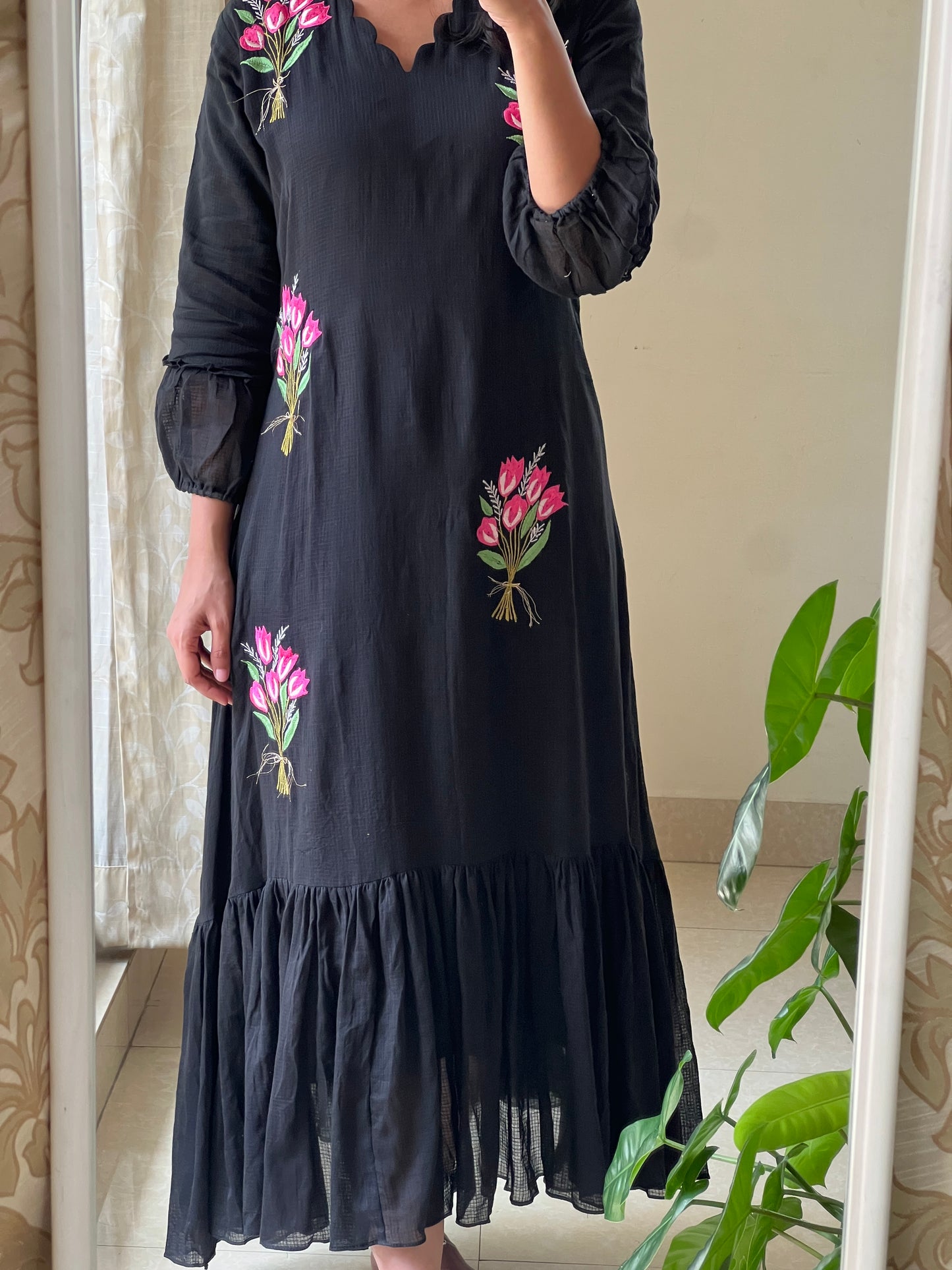 A0517 black cotton kota one piece dress with flower bunch embroidery all over the dress