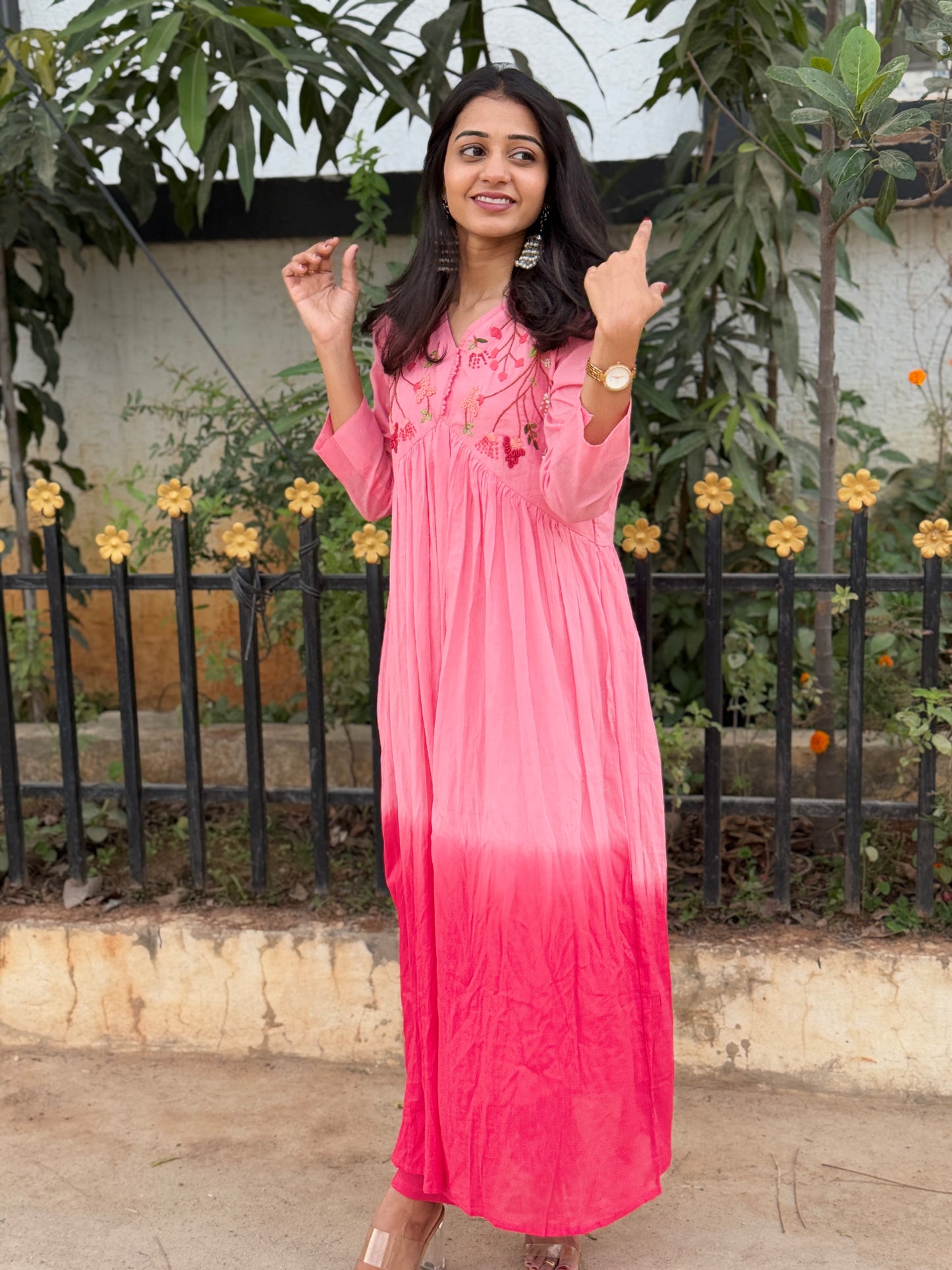 A0226 pink Mulmul shaded two piece set with hand embroidery detailing