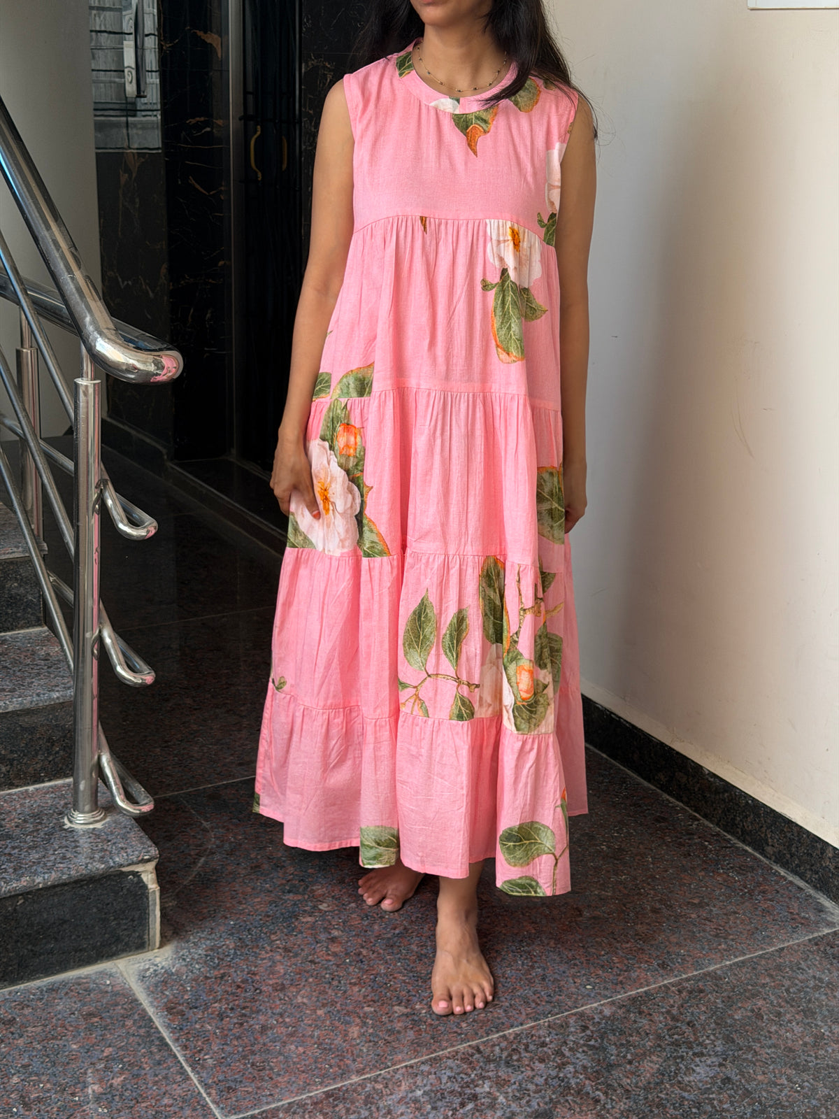 A0824 pink mul cotton floral digital printed tiered dress