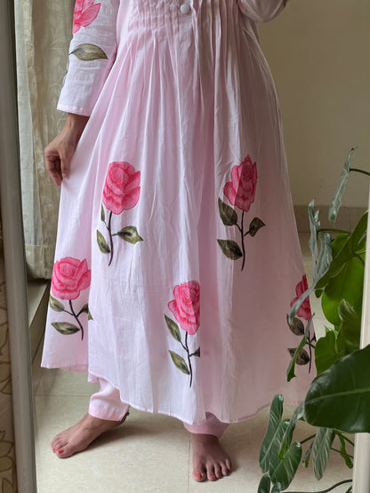 A0473 pink Mul cotton 2pc dress with floral design, best pick for summer