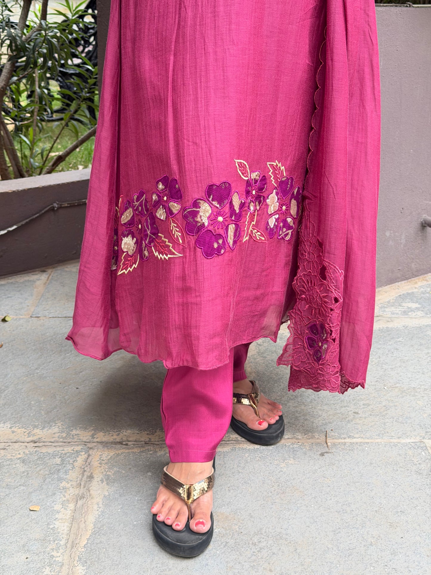 A0685 Must have wine shade Premium Chanderi 3pc set with applique and cut work details
