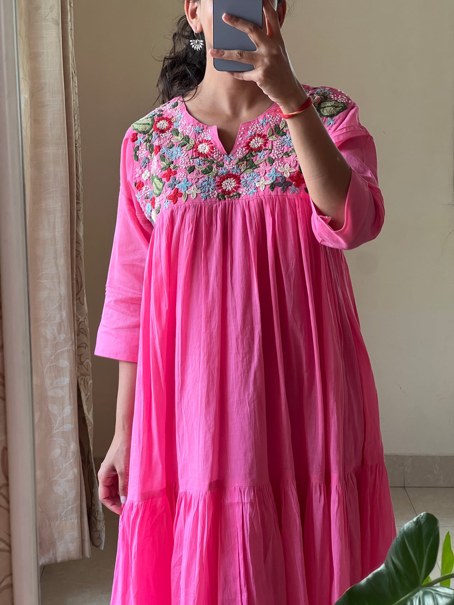 A0645 pink Mulmul one piece dress with hand embroidery detailing on yoke part