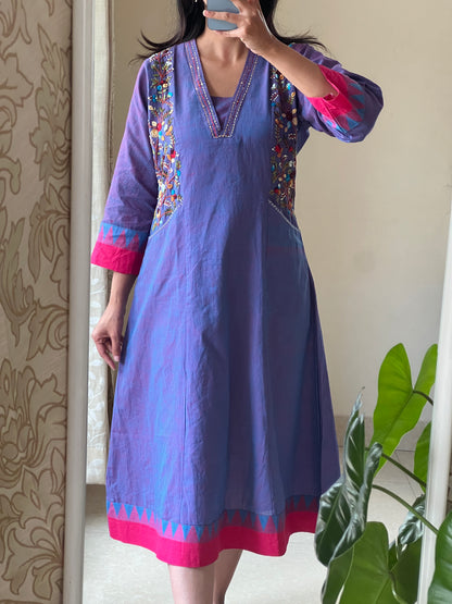 A0591 blue handloom cotton one piece dress with hand embroidery detailing over the pockets & v neck with Kantha work detailing