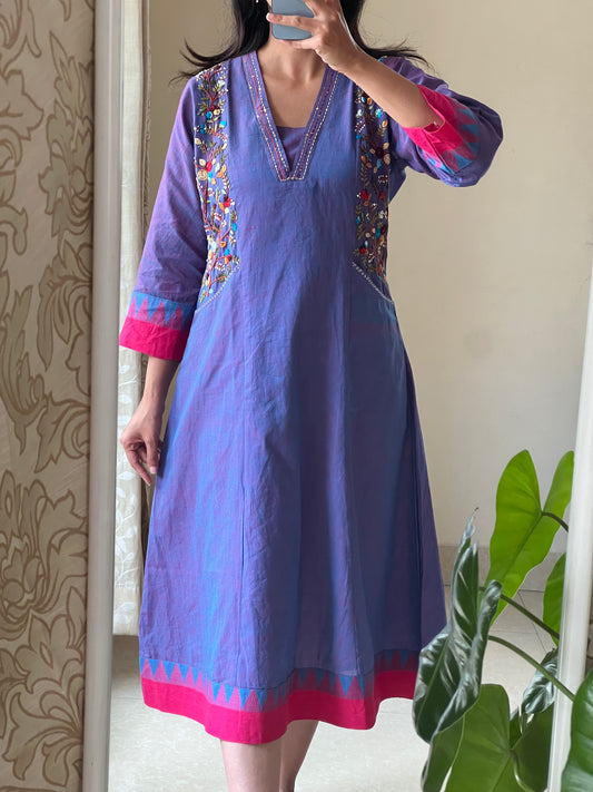 A0591 blue handloom cotton one piece dress with hand embroidery detailing over the pockets & v neck with Kantha work detailing