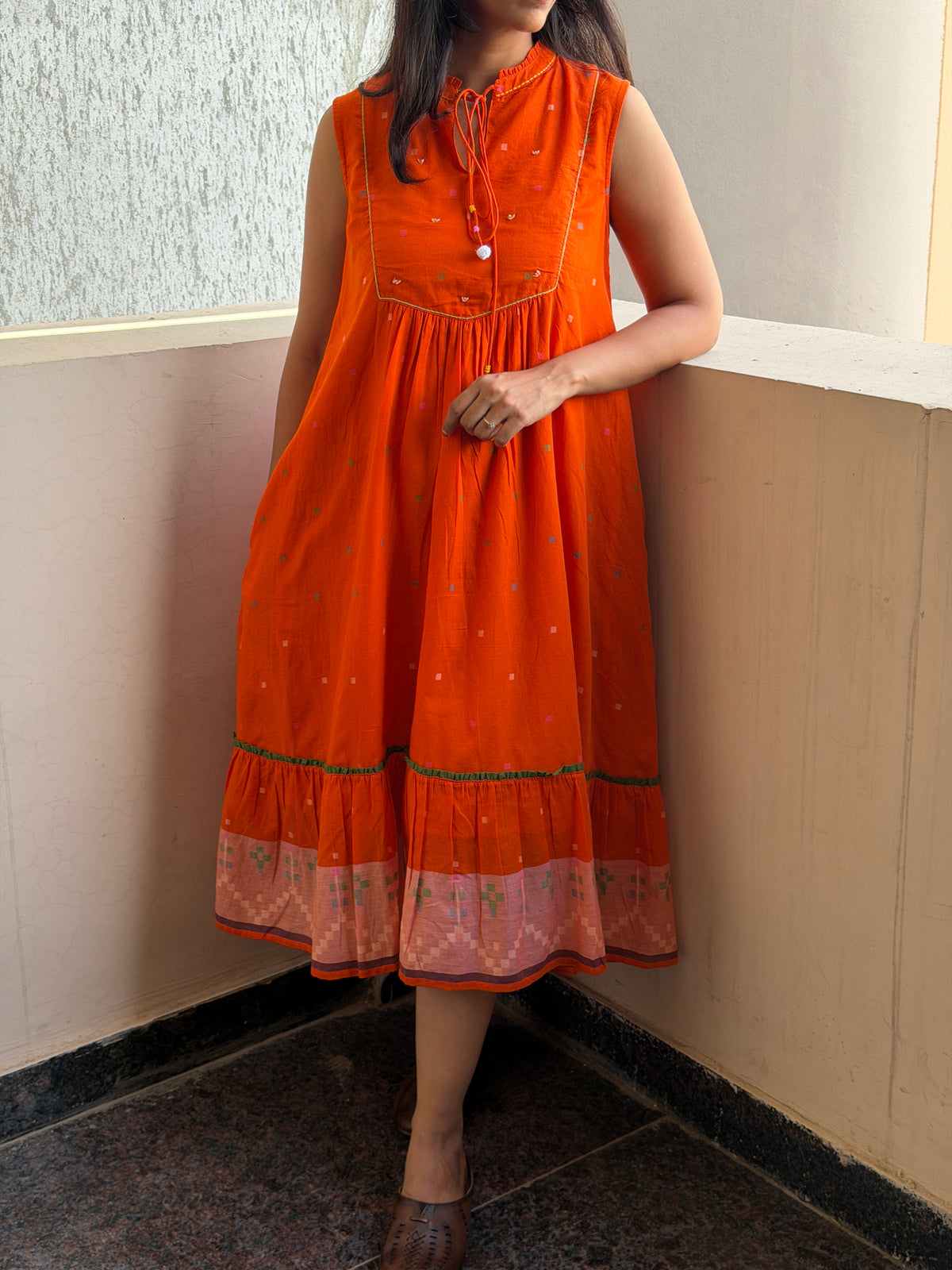 A0827 Jamdani orange dress with hand kanta work