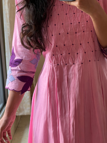 A0306 pink Mulmul one piece dress with applique work embroidery on sleeves