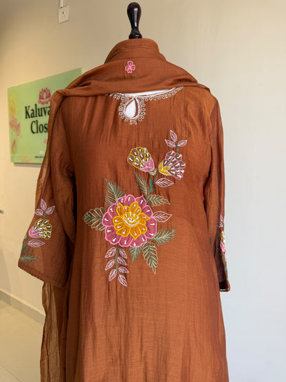 A0855 rust brown mul chanderi applique work 3 piece dress