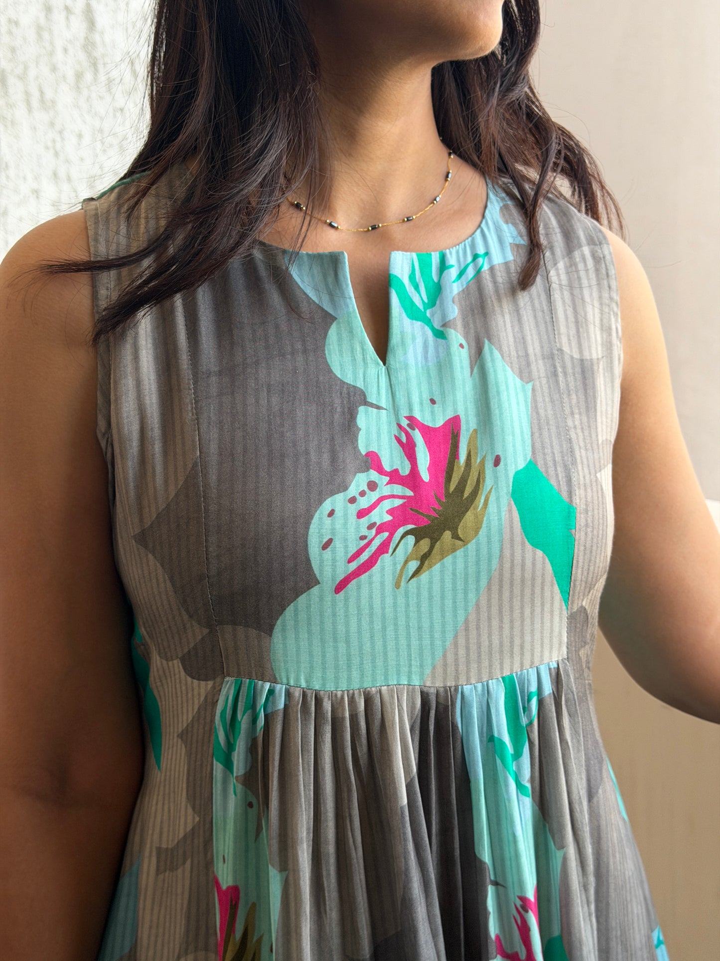 A0784 Grey and Blue abstract print dress in pure cotton silk fabric in 3-tier style