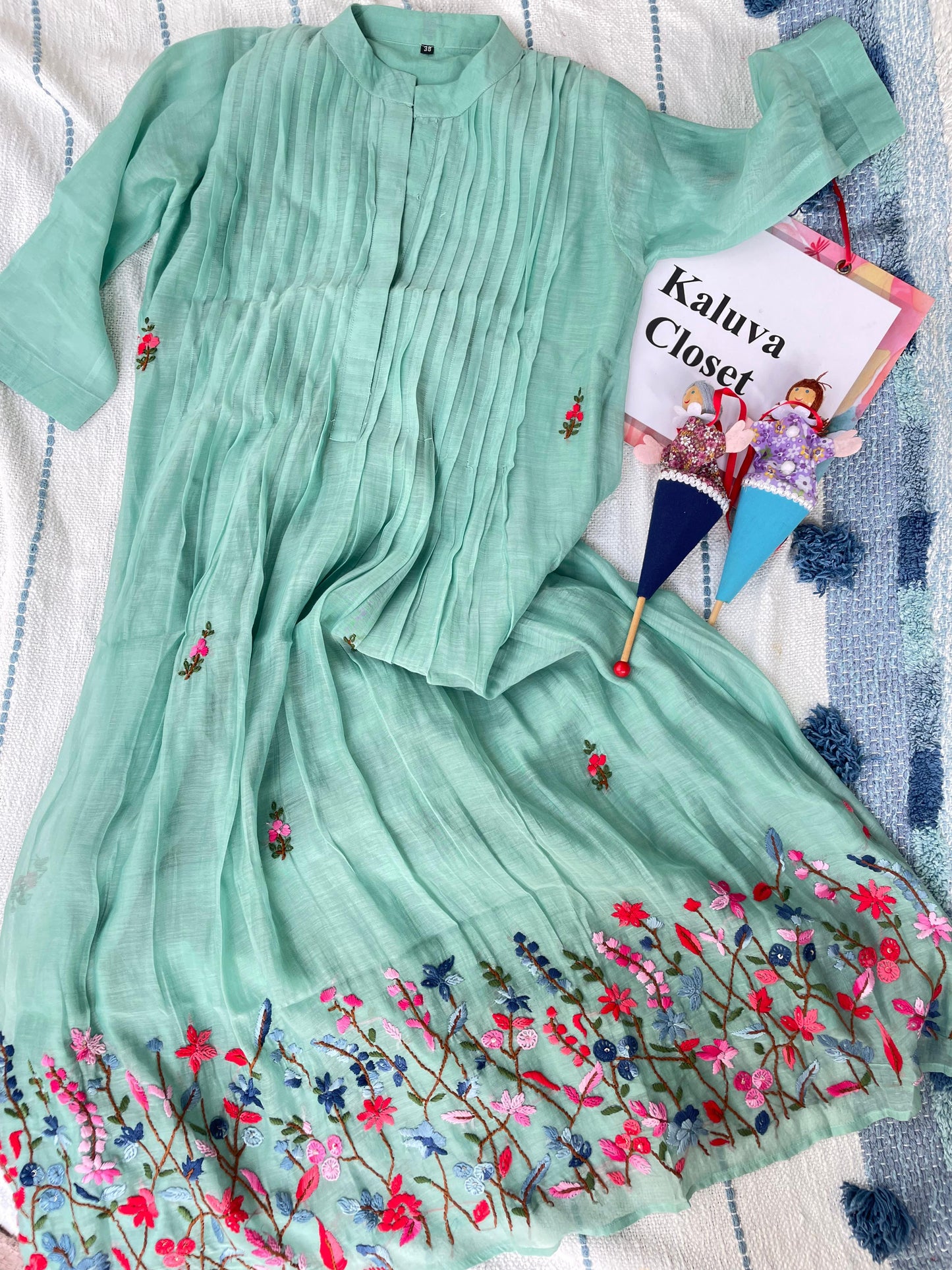 A0556 Green shade premium Mul chanderi dress with hand embroidery detailing