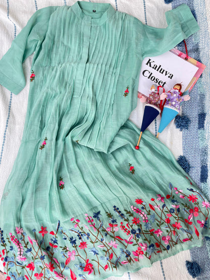 A0556 Green shade premium Mul chanderi dress with hand embroidery detailing