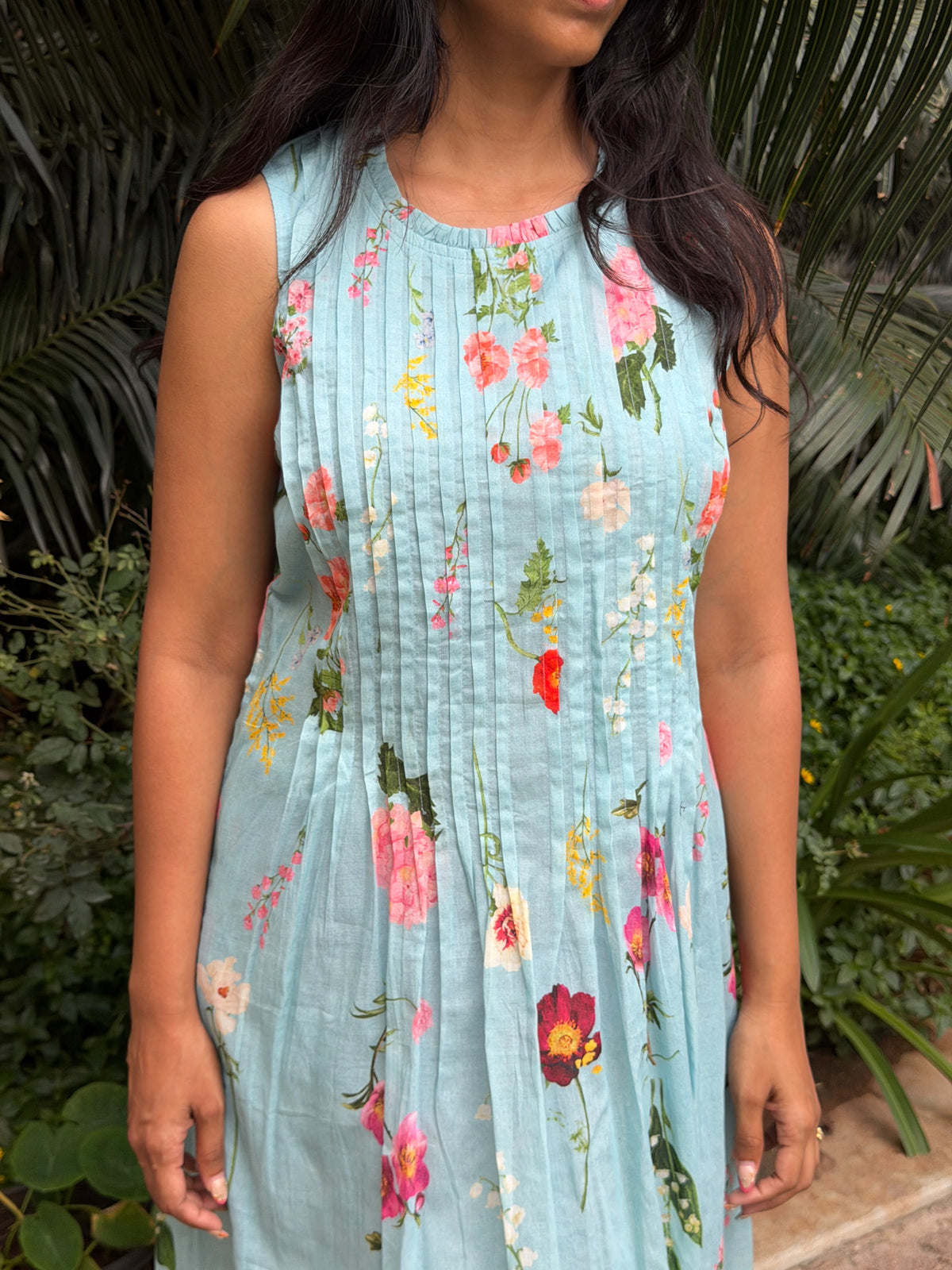 A0877 Powder Blue Mul cotton pleated dress